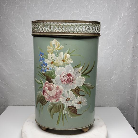 Vintage Plymouth Tole Hand Painted Umbrella Stand Metal Toleware Ball Footed - Picture 1 of 16